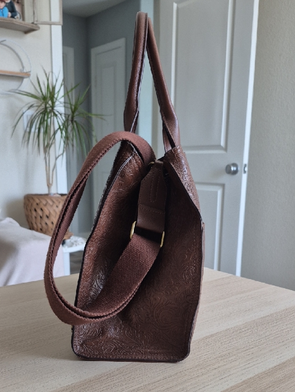 Lucky Brand Brown Floral Embossed Leather Satchel - Picture 5 of 12